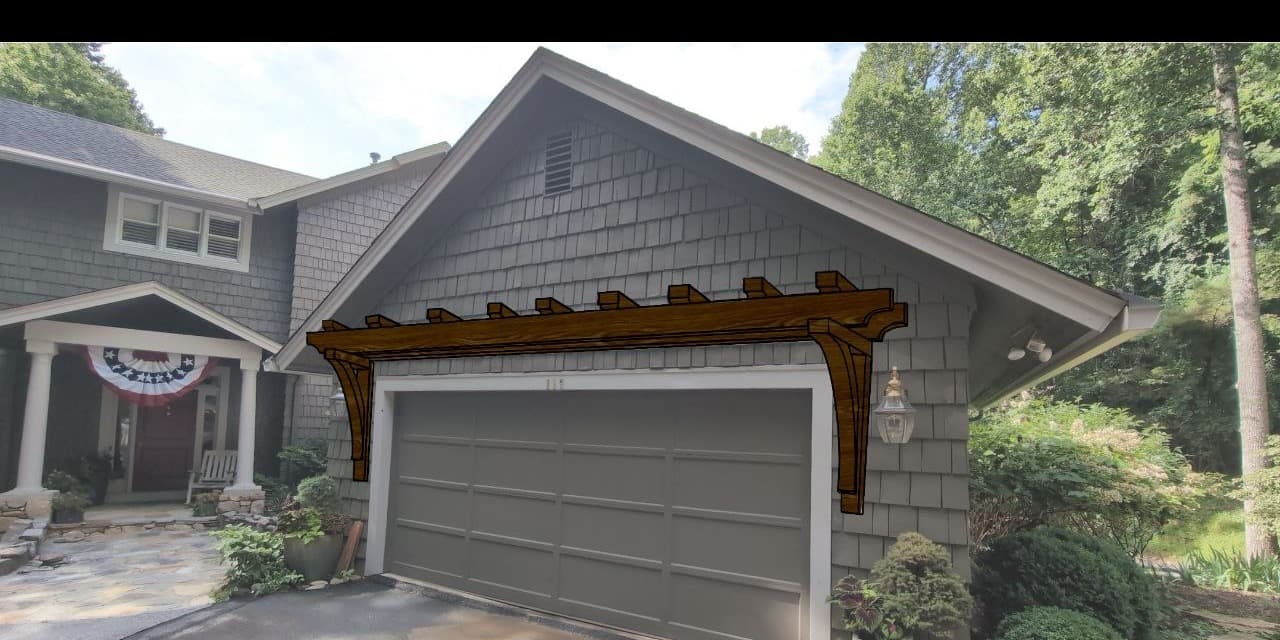 A hand-drawn timber bracket assembly sketched over a photograph of a client's garage elevation